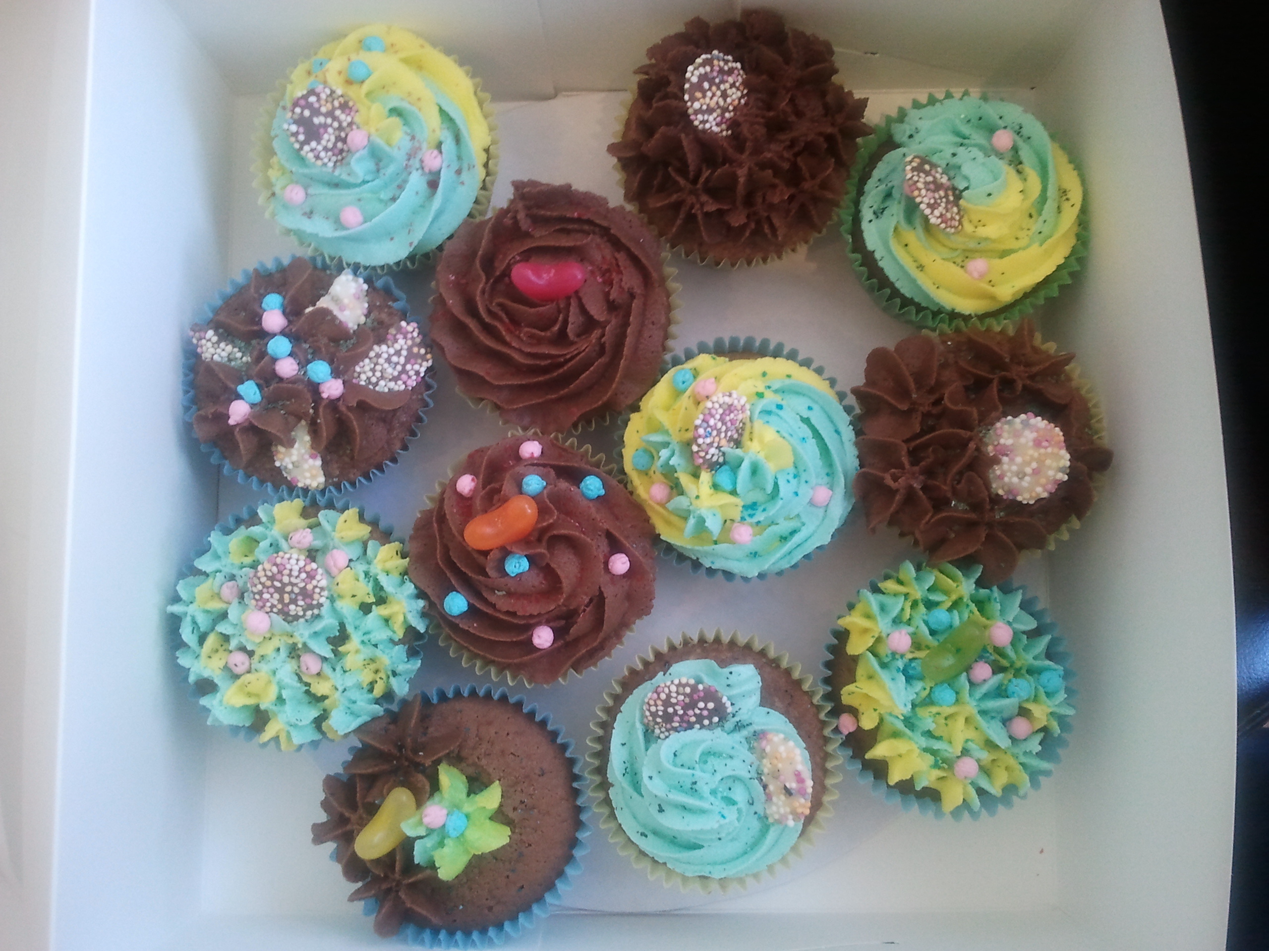 Cupcake box topped with blue green or chocolate icing.